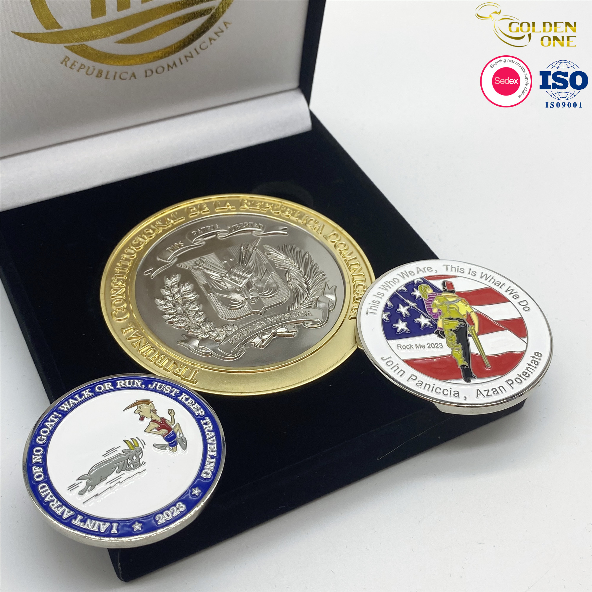 Free Design Customized Logo Soft Enamel Gold Sovereign Metal Zinc Alloy Double Side Large Coins With Acrylic box
