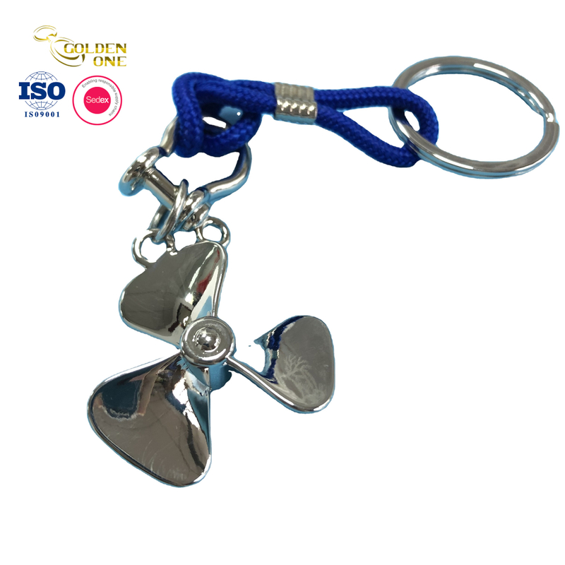 New Design Bespoke 3D Metal Fan Blade Keyrings Promotion Gift Propeller Key Chains Custom Metal Keychain with Blue Ribbon