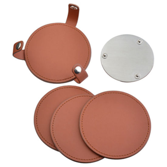 Promotion Round Shape PU Leather Coaster with Metal Bottom