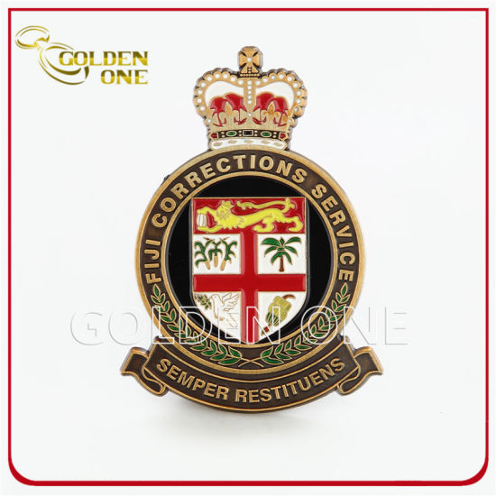 Custom Gold Metal Enamel Security Badge with Leather Backing